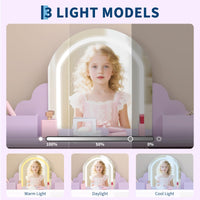 Garvee Coiffeuse Enfant avec Miroir LED, Table et Tabouret 2 en 1, Lumière Réglable, MDF Sûr, Grand Rangement, 100 cm, Lilas