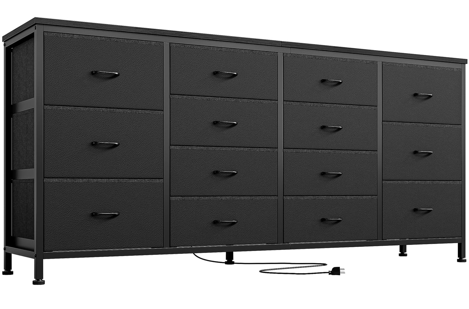 Meuble TV Garvee noir de 160 cm de large avec 14 tiroirs, prises électriques et revêtement en tissu pour salon et chambre.