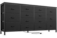 Meuble TV Garvee noir de 160 cm de large avec 14 tiroirs, prises électriques et revêtement en tissu pour salon et chambre.
