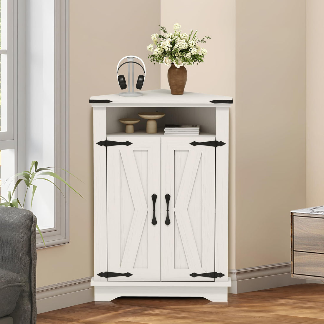 Meuble de salle de bain d'angle Garvee avec portes coulissantes de style grange, étagères réglables, bois MDF, blanc, pour petits espaces, robuste et polyvalent