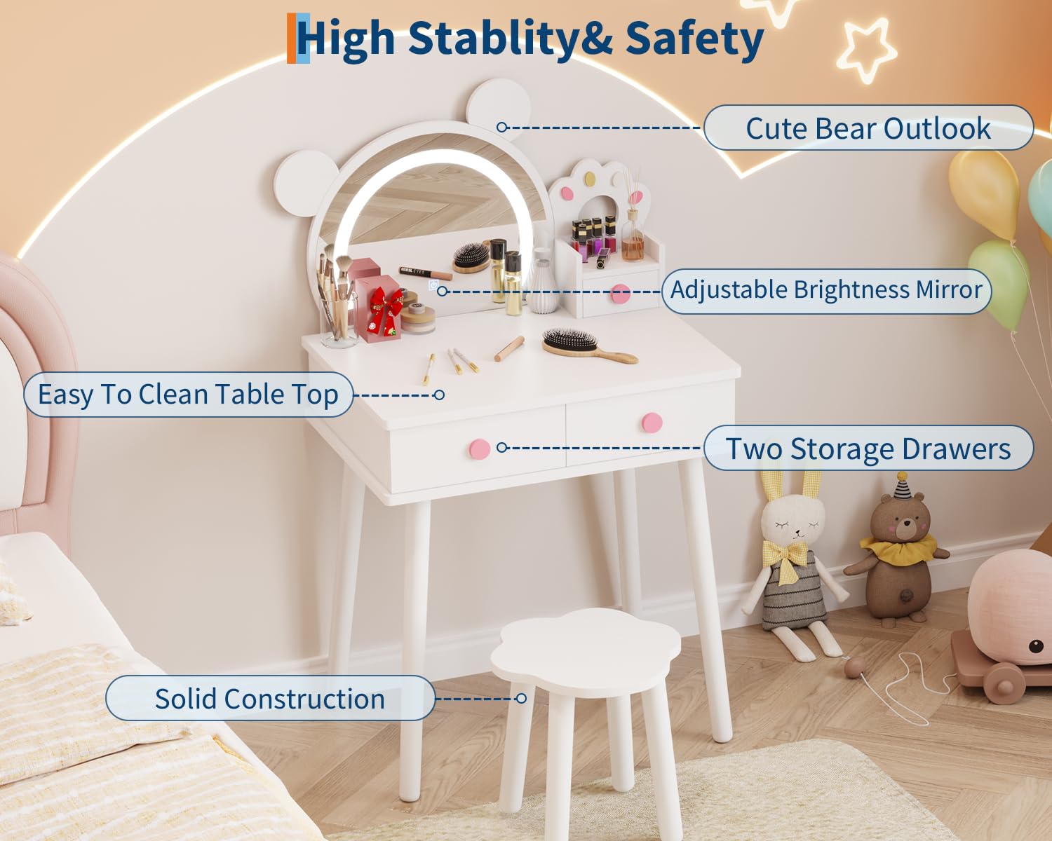 Coiffeuse Garvee pour enfants avec lumière LED, miroir en forme d'ours, rangement, bois certifié FSC, support à fleurs pour salle de jeux de filles, 55 cm (L) x 38 cm (l) x 101 cm (H)