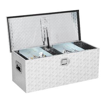 Garvee Coffre à outils en aluminium 91 × 38 × 38 cm avec 2 compartiments en acier et serrure en T pour pick-up, remorque et utilitaire, argenté