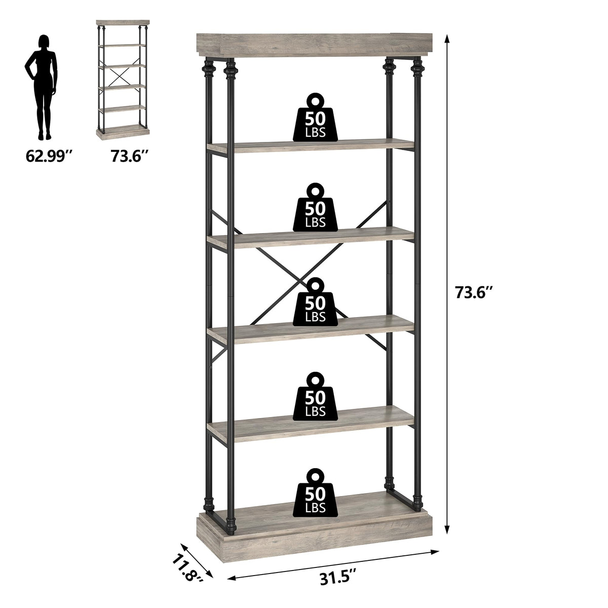 Garvee Étagère industrielle à 6 niveaux avec structure métallique pour salon et bureau, 187×80×30cm, style vintage