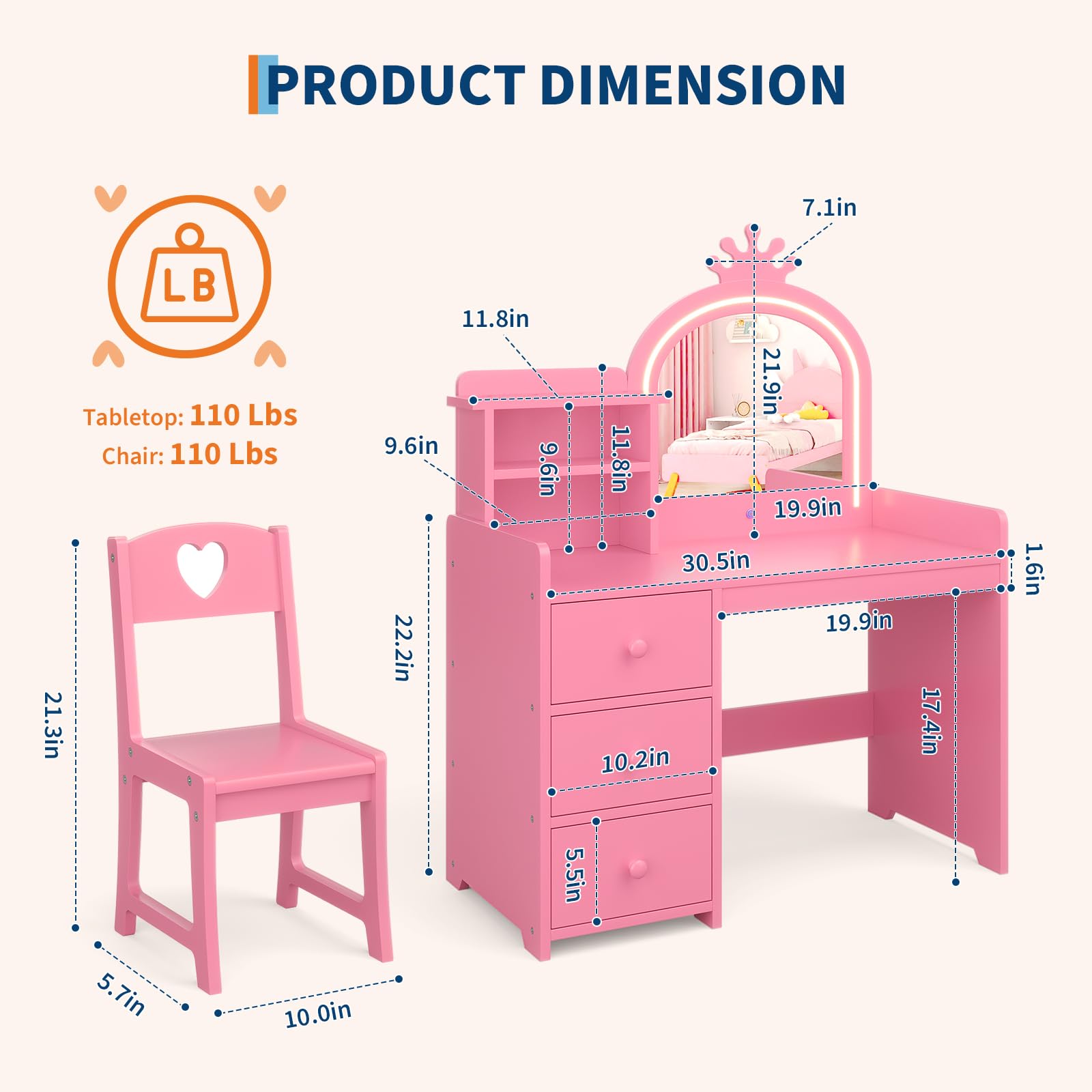 Garvee Bureau-Coiffeuse Enfant Princesse avec Miroir LED, 2-en-1 Convertible, MDF, Rangement et Chaise, Idéal pour Jeux et Étude