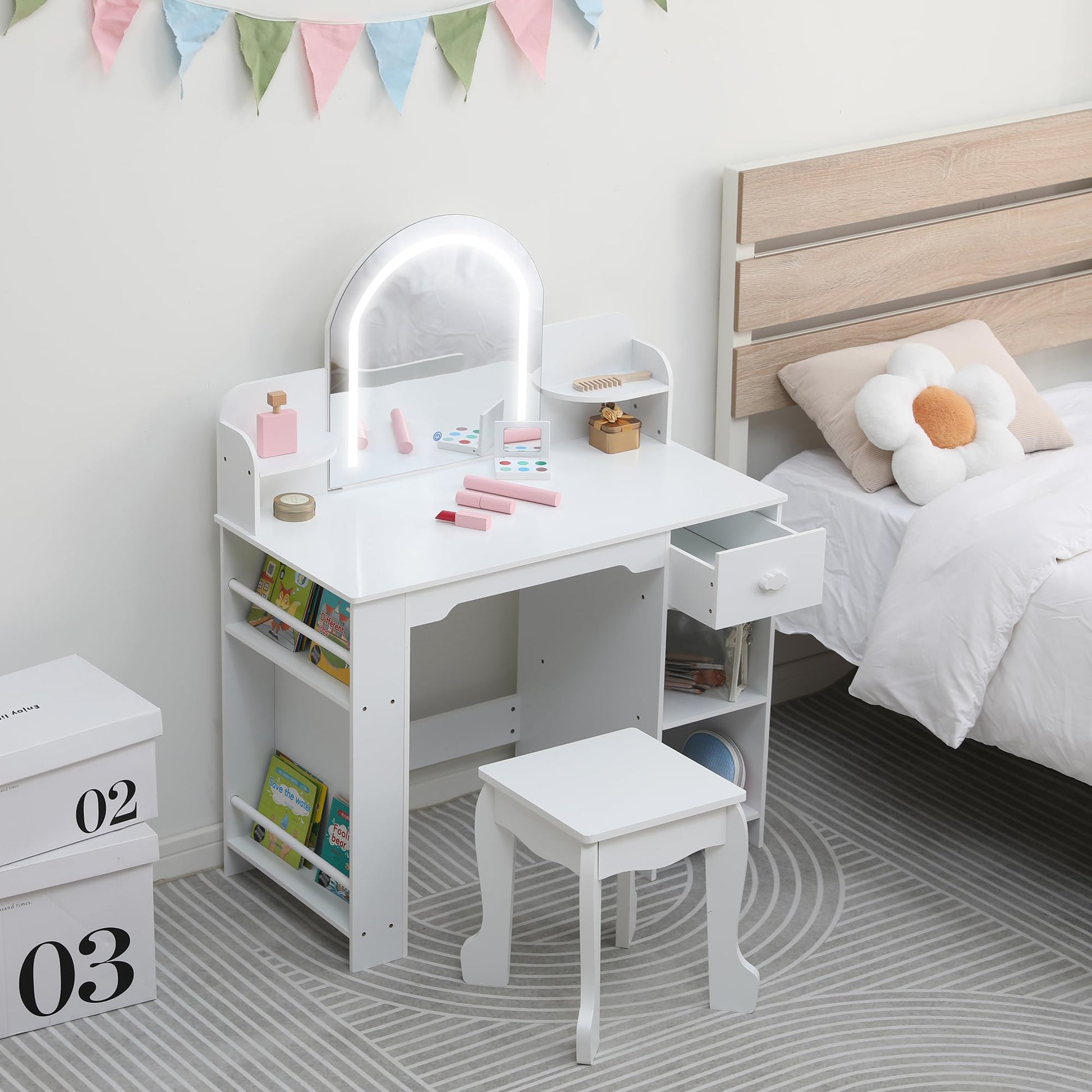 Coiffeuse Garvee pour enfants avec miroir lumineux, table de toilette et tabouret 2 en 1, MDF, lumière LED, espace de rangement pour filles de 3 à 9 ans, chambre et salle de jeux, blanc