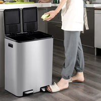 Poubelle de cuisine Garvee 2 x 30 L, en acier inoxydable, avec système de tri des déchets, double compartiment, silencieuse, couleur argent, 60 L