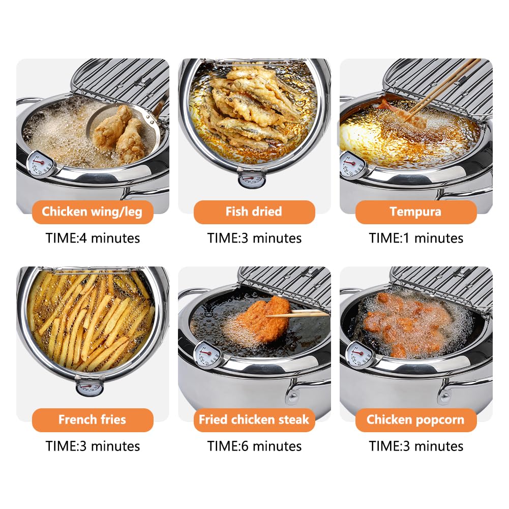 Friteuse Garvee en acier inoxydable 304, panier d'égouttage, compatible induction, finition polie miroir, contrôle de la température, cuisson saine, friture.
