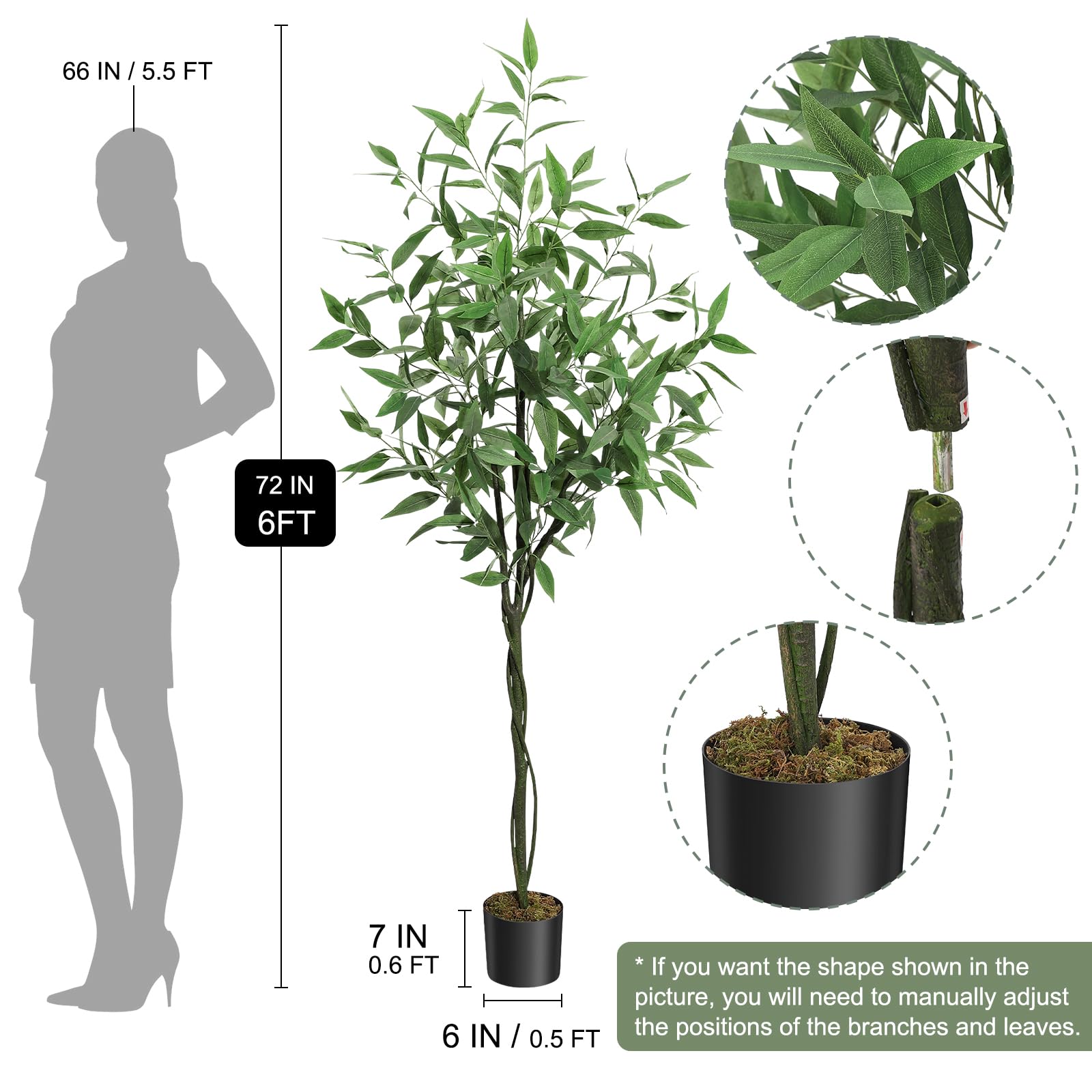 Eucalyptus Garvee de 1,8 m (6 pi) à tronc ajustable en PE, idéal pour le bureau et la maison, design réaliste.