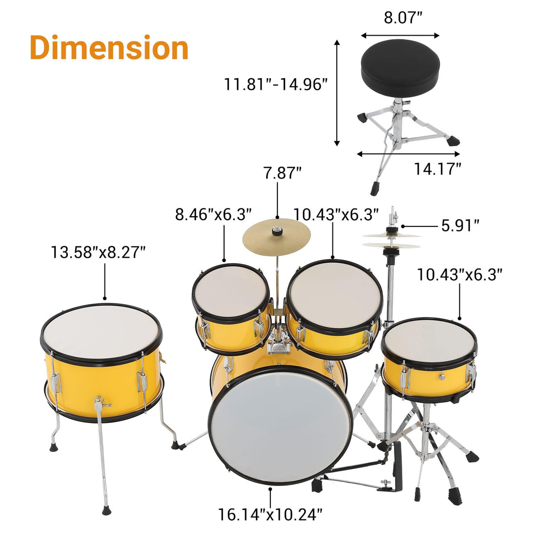 Garvee Batterie 5 pièces pour enfants avec grosse caisse et charleston, 74 cm (73,7 cm), jaune
