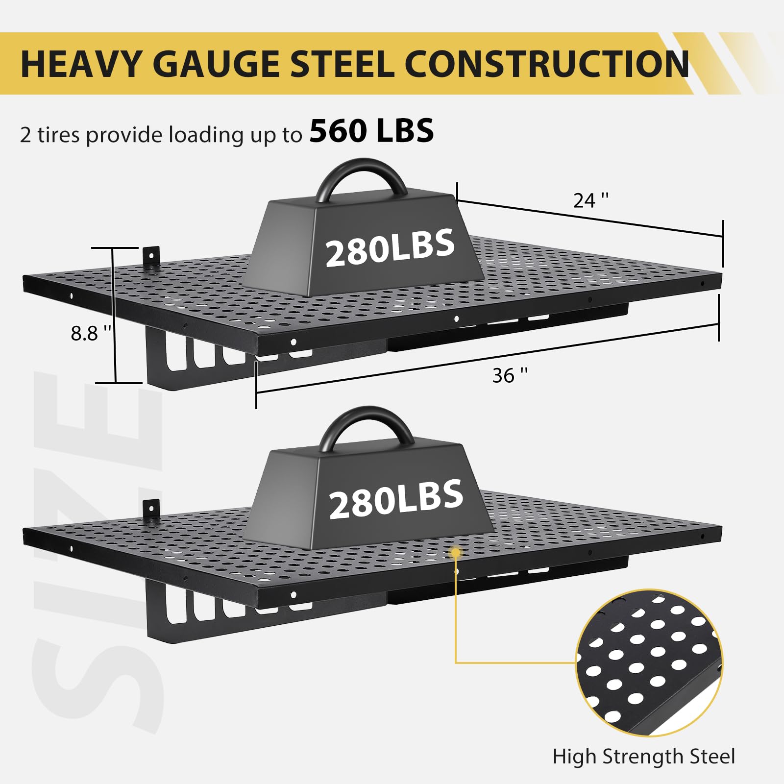 Garvee étagères murales robustes (lot de 2), 60 × 90 cm, acier, fixation murale, pour atelier et garage, capacité de charge de 254 kg, noir