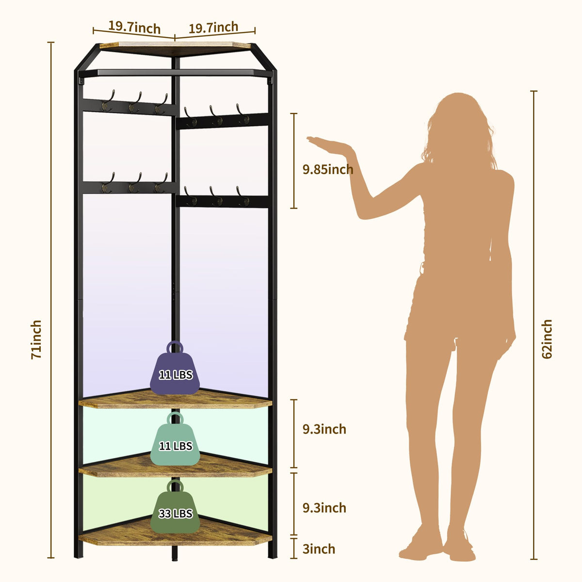 Armoire d'angle Garvee avec banc à chaussures et porte-manteau 3 en 1 à 6 crochets doubles, idéale pour l'entrée et le couloir. Couleur : marron rustique.