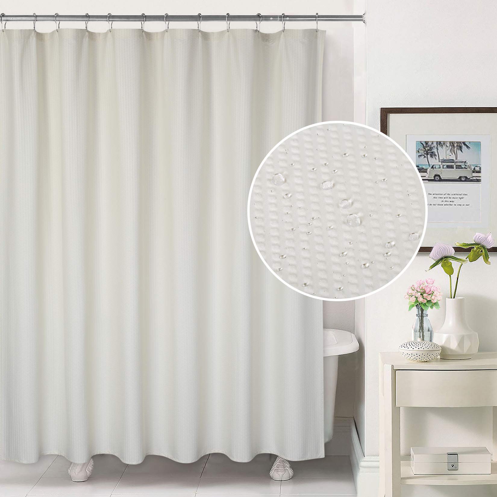 Rideau de douche Garvee en microfibre déperlante à motif gaufré, couleur crème, 183 x 183 cm (72 x 72 pouces), pour salle de bain et baignoire.