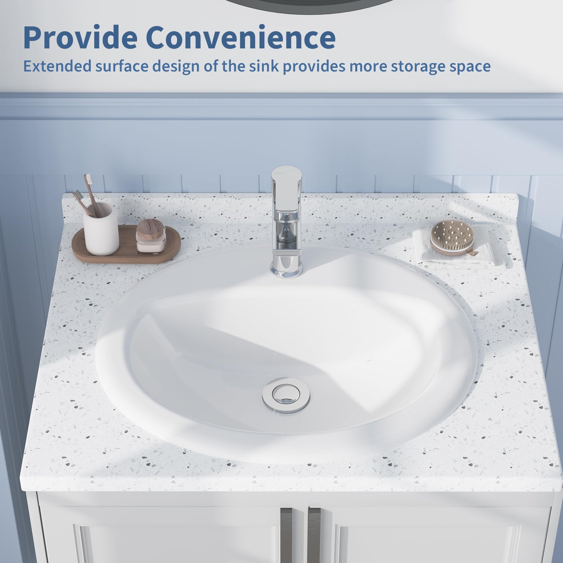 Lavabo ovale encastré Garvee 51 x 43 cm (20 x 17 pouces) en céramique blanche résistante aux rayures, idéal pour les petites salles de bain.