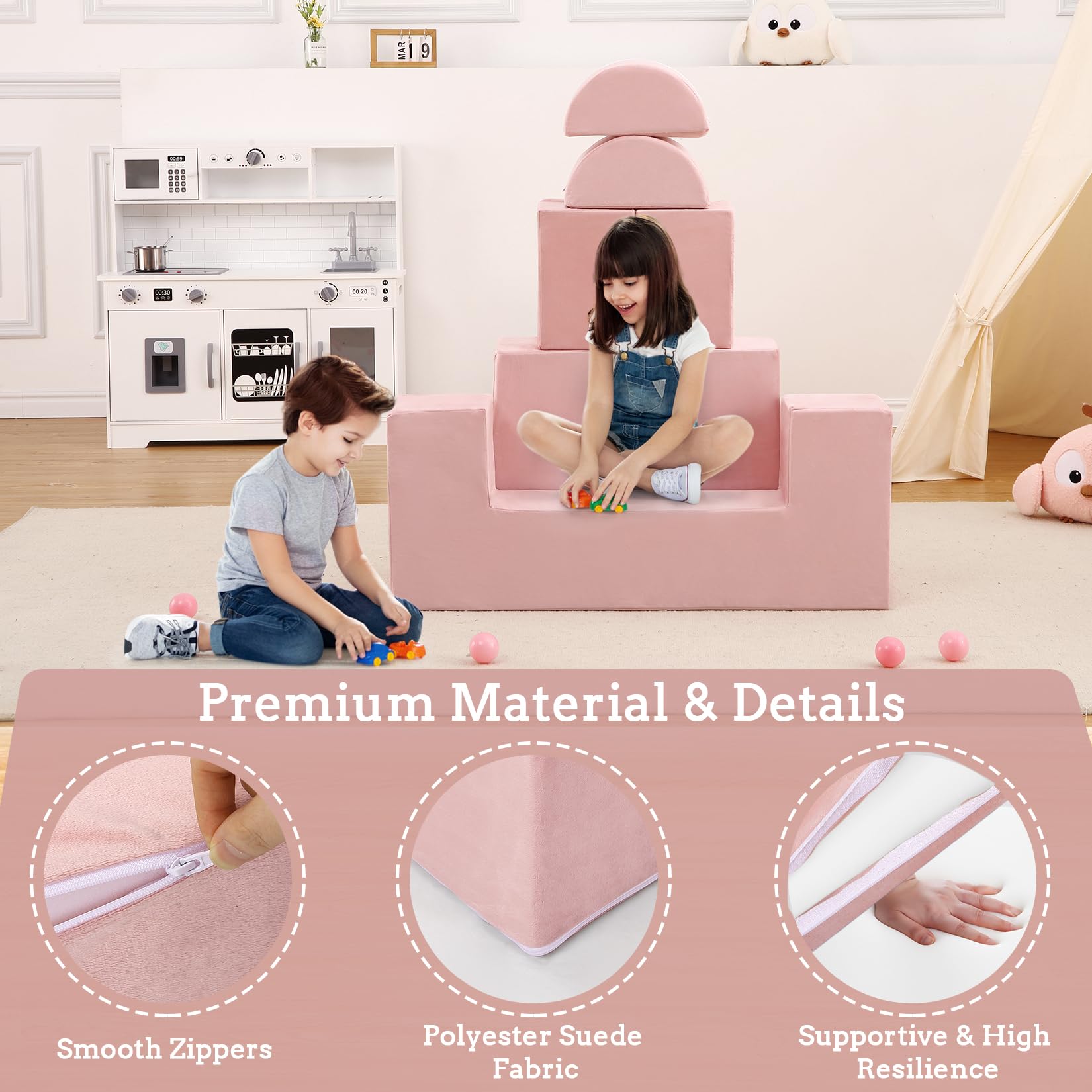 Canapé de jeu pour enfants Garvee, 6 pièces, modulaire, rose, housse en microfibre douce, pour salle de jeux, 100 x 50 x 40 cm