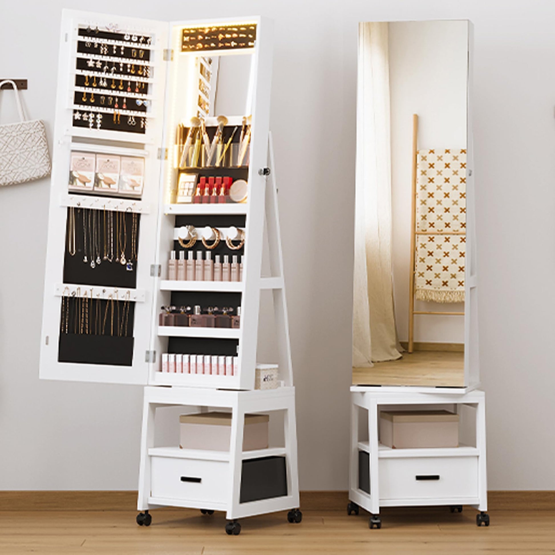 Armoire à bijoux pivotante à 360° Garvee avec éclairage LED, miroir de maquillage, miroir pleine longueur, intérieur en velours, verrouillable, sur roulettes, blanche - Idéale pour les chambres