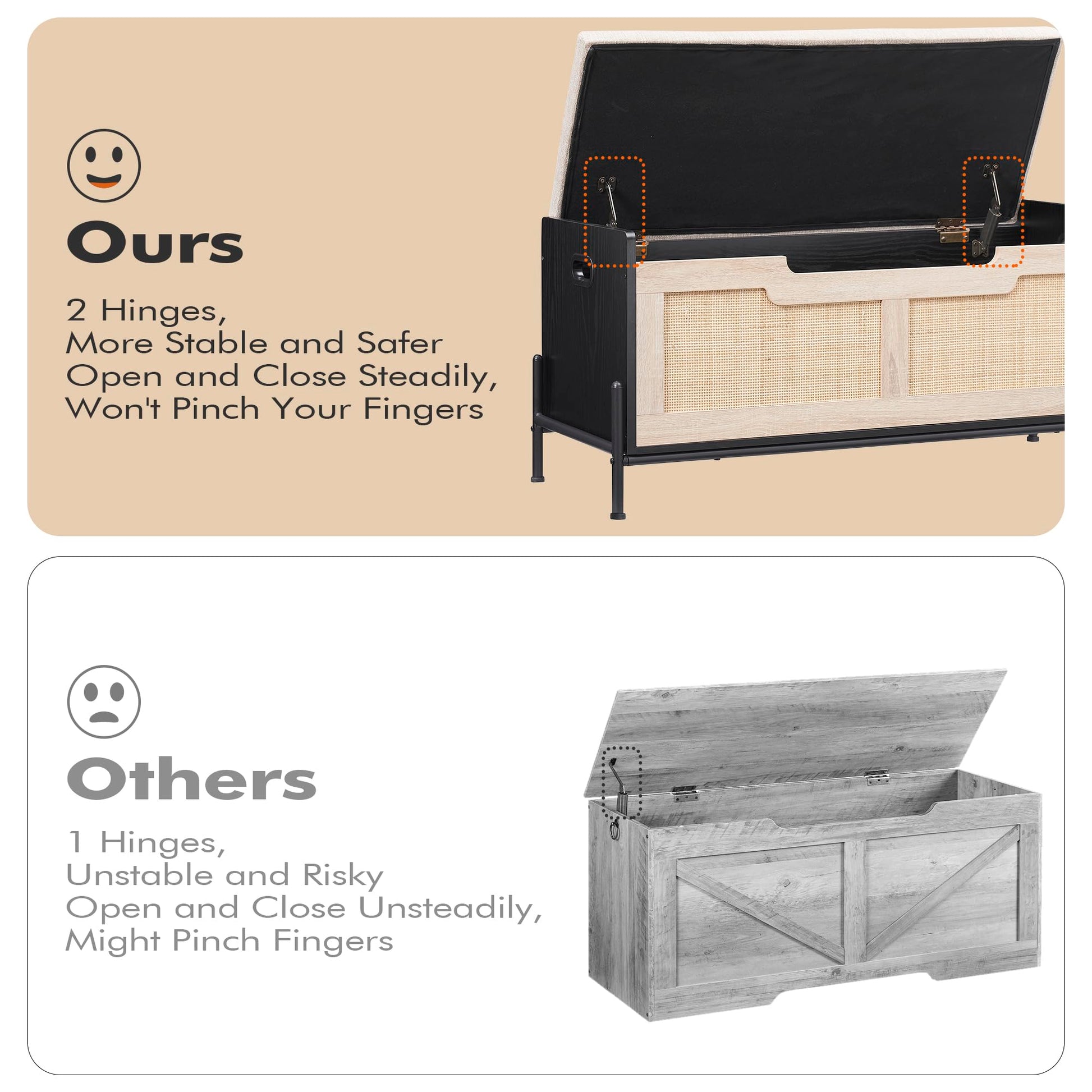 Banc de rangement en rotin Garvee 39,4 po avec coussin d'assise, 2 charnières de sécurité, coffre de rangement, banc à chaussures, chêne et noir pour salon et couloir