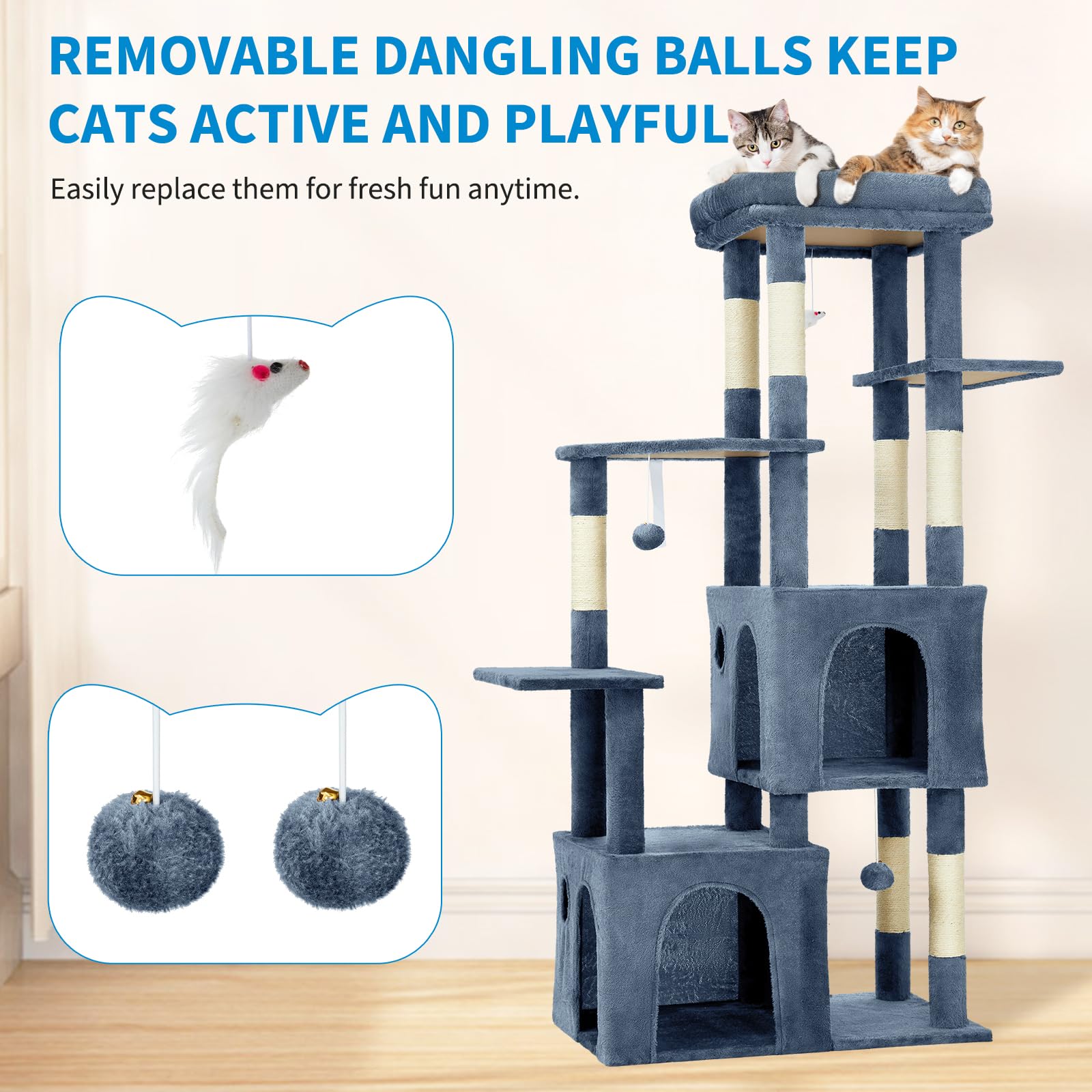 Garvee Arbre à Chat 155 cm Multi-Niveaux pour Grands Chats et Maine Coon, Grande Plateforme, 2 Niches, Sisal Naturel, Intérieur