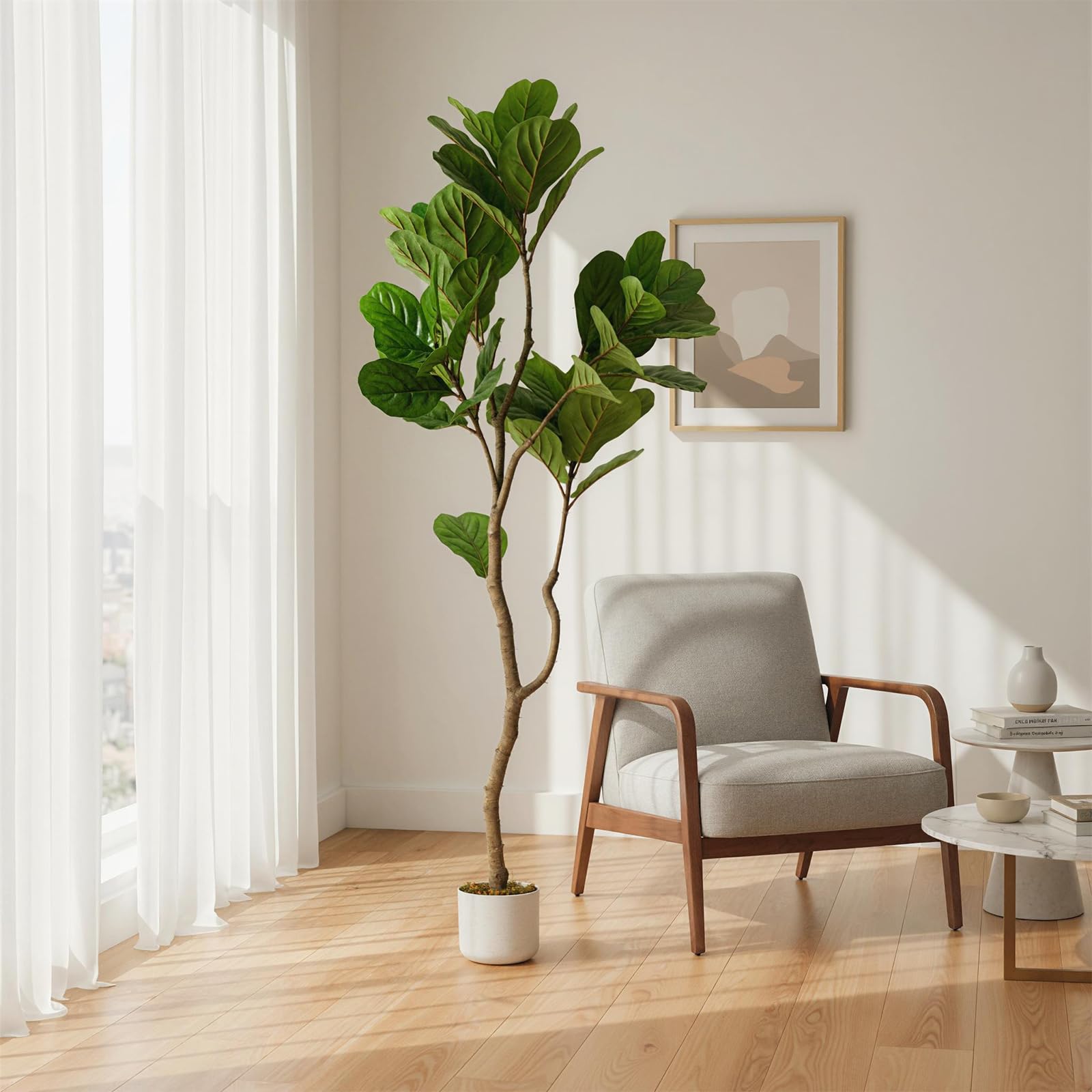 Figuier lyre artificiel Garvee de 1,5 m avec pot en ciment robuste, vert, idéal pour le salon, le bureau ou le couloir.