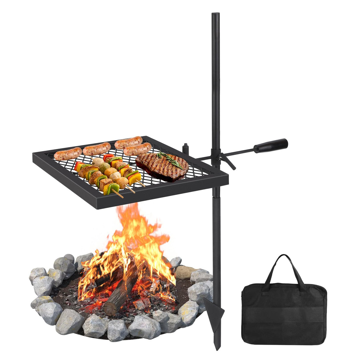 Garvee Gril de camp rotatif 42,4 × 32 cm, acier robuste, rotation 360° et hauteur réglable, barbecue portable pour pique-nique, jardin et camping, noir