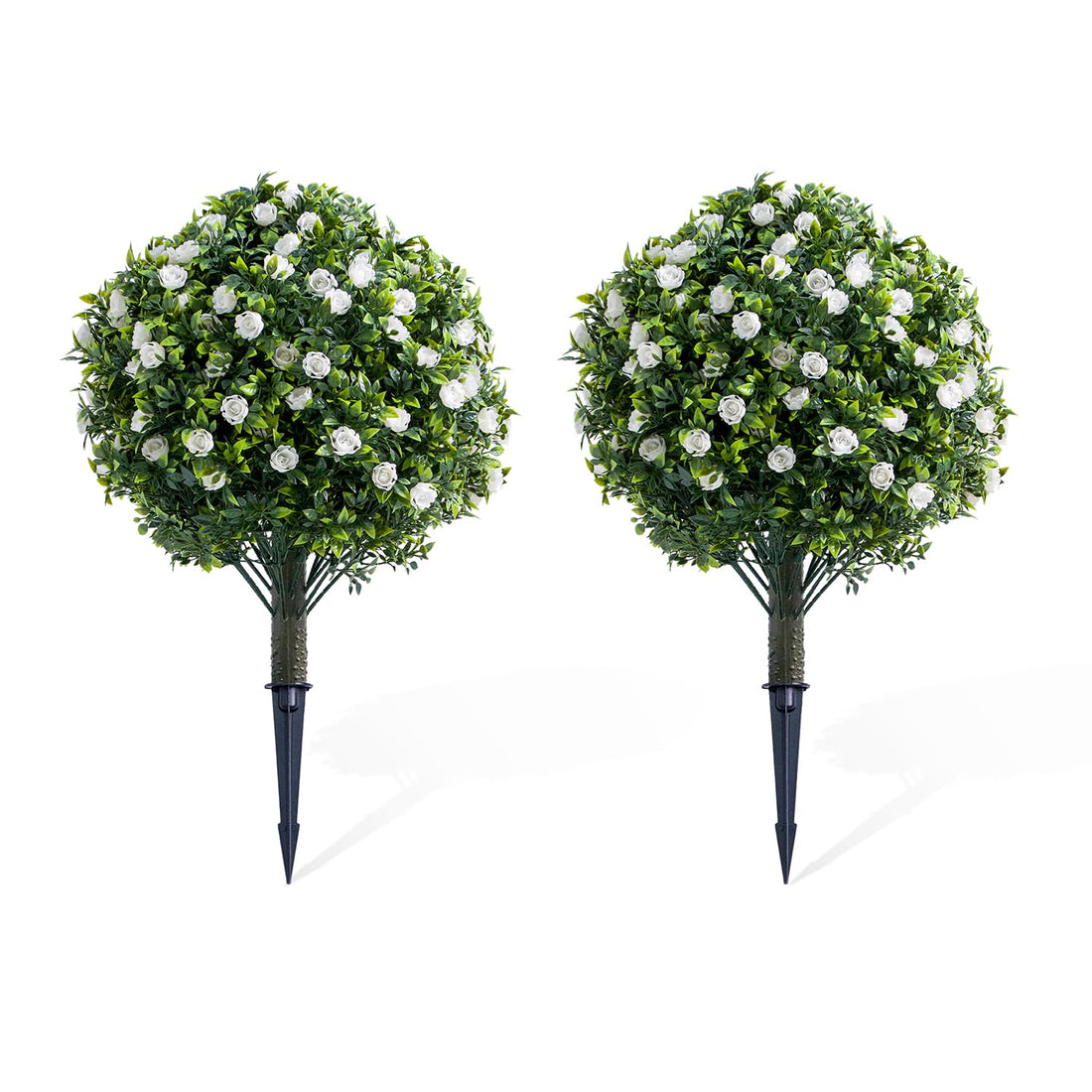 Buis artificiel Garvee avec roses, 60 cm, blanc - Résistant aux UV et aux intempéries, en polyéthylène, avec piquets métalliques pour la décoration intérieure et extérieure, lot de 2