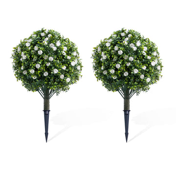 Buis artificiel Garvee avec roses, 60 cm, blanc - Résistant aux UV et aux intempéries, en polyéthylène, avec piquets métalliques pour la décoration intérieure et extérieure, lot de 2