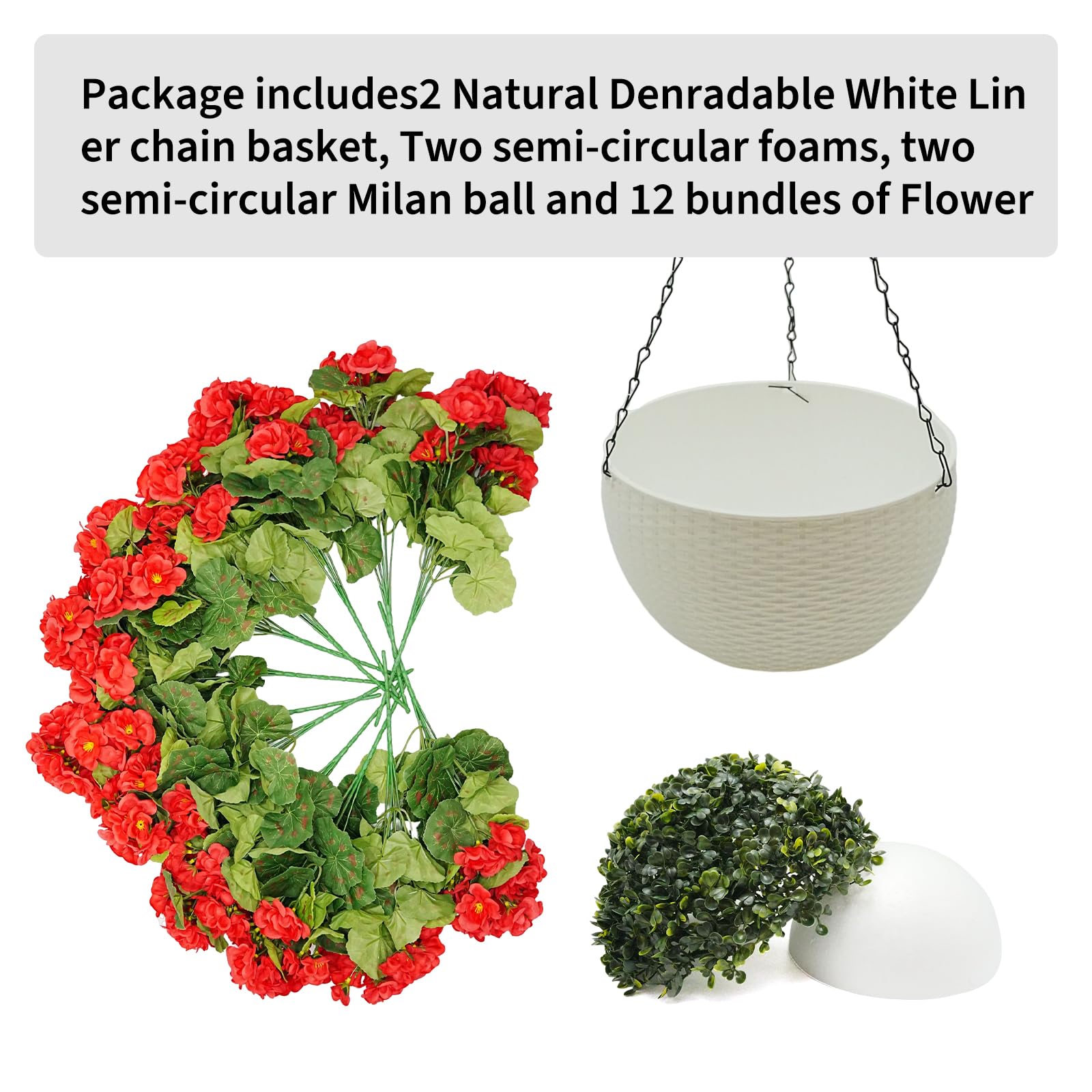 Garvee Ensemble de géraniums artificiels d'extérieur - 2 paniers suspendus avec 12 fleurs rouges pour jardin, terrasse, Noël, résistant aux intempéries et aux UV, en plastique
