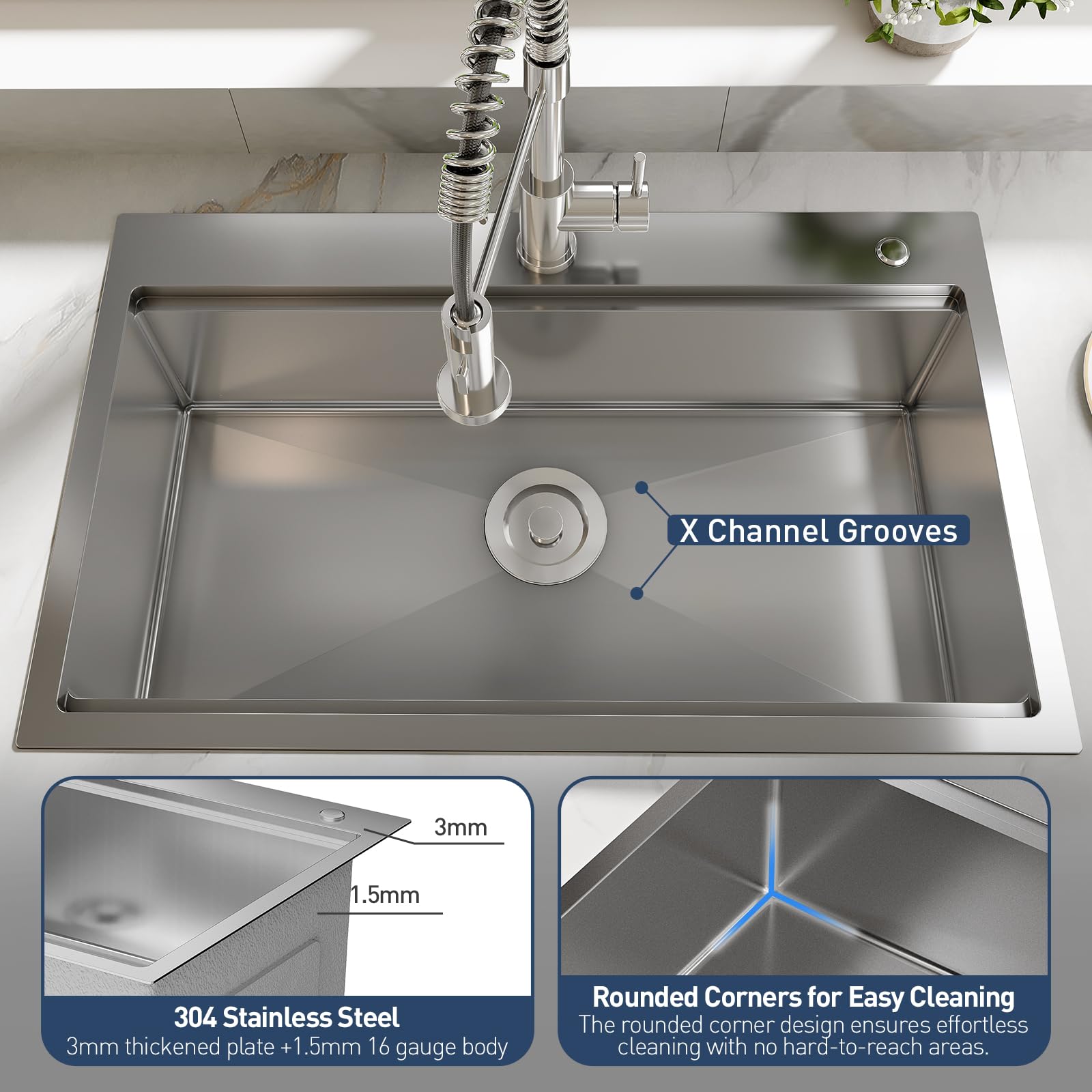 Évier encastrable Garvee en acier inoxydable argenté, 1 cuve (83,8 x 55,9 x 22,9 cm) – Avec planche à découper et accessoires pour plan de travail.