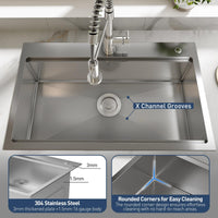 Évier encastrable Garvee en acier inoxydable argenté, 1 cuve (83,8 x 55,9 x 22,9 cm) – Avec planche à découper et accessoires pour plan de travail.