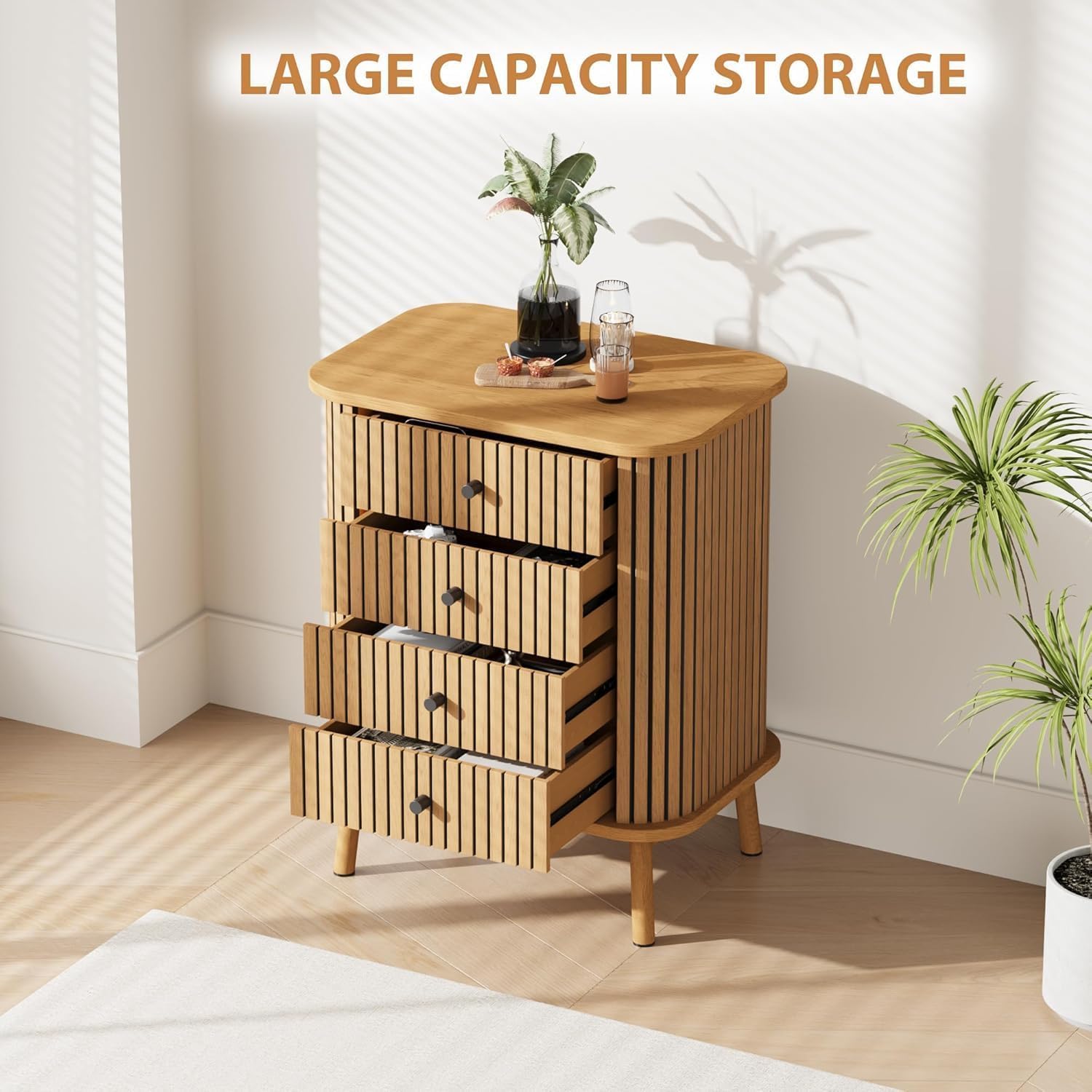 Garvee commode à 4 tiroirs, style mid-century moderne avec porte coulissante, pour la chambre et le salon, en MDF aspect bambou, grand espace de rangement