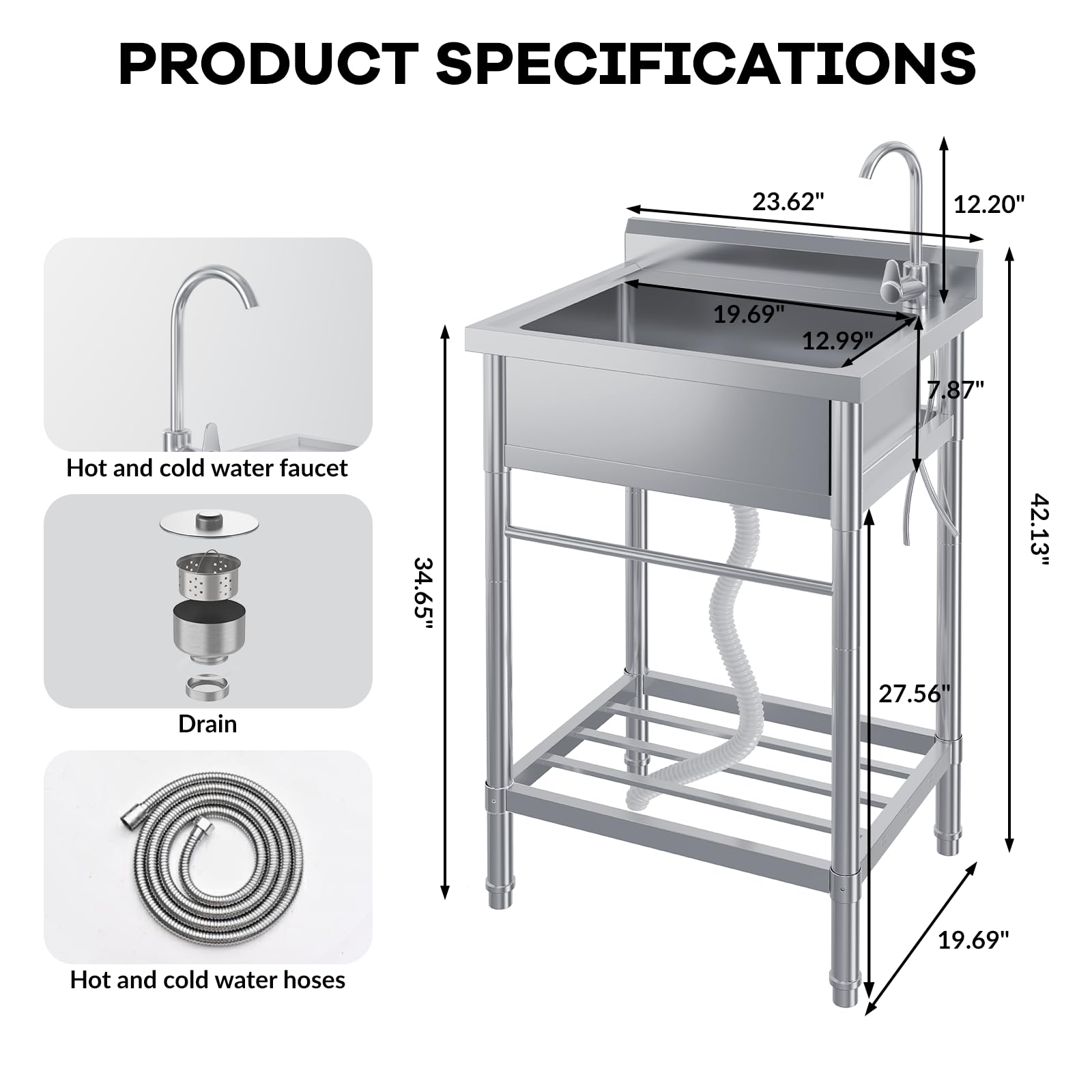 Garvee Évier sur Pied Inox 304 60 × 50 × 107 cm, Bac Unique, Robinet Eau Chaude/Froide, Pieds Réglables, Cuisine et Buanderie