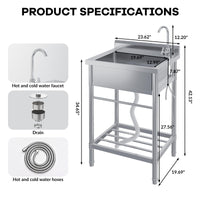 Garvee Évier sur Pied Inox 304 60 × 50 × 107 cm, Bac Unique, Robinet Eau Chaude/Froide, Pieds Réglables, Cuisine et Buanderie