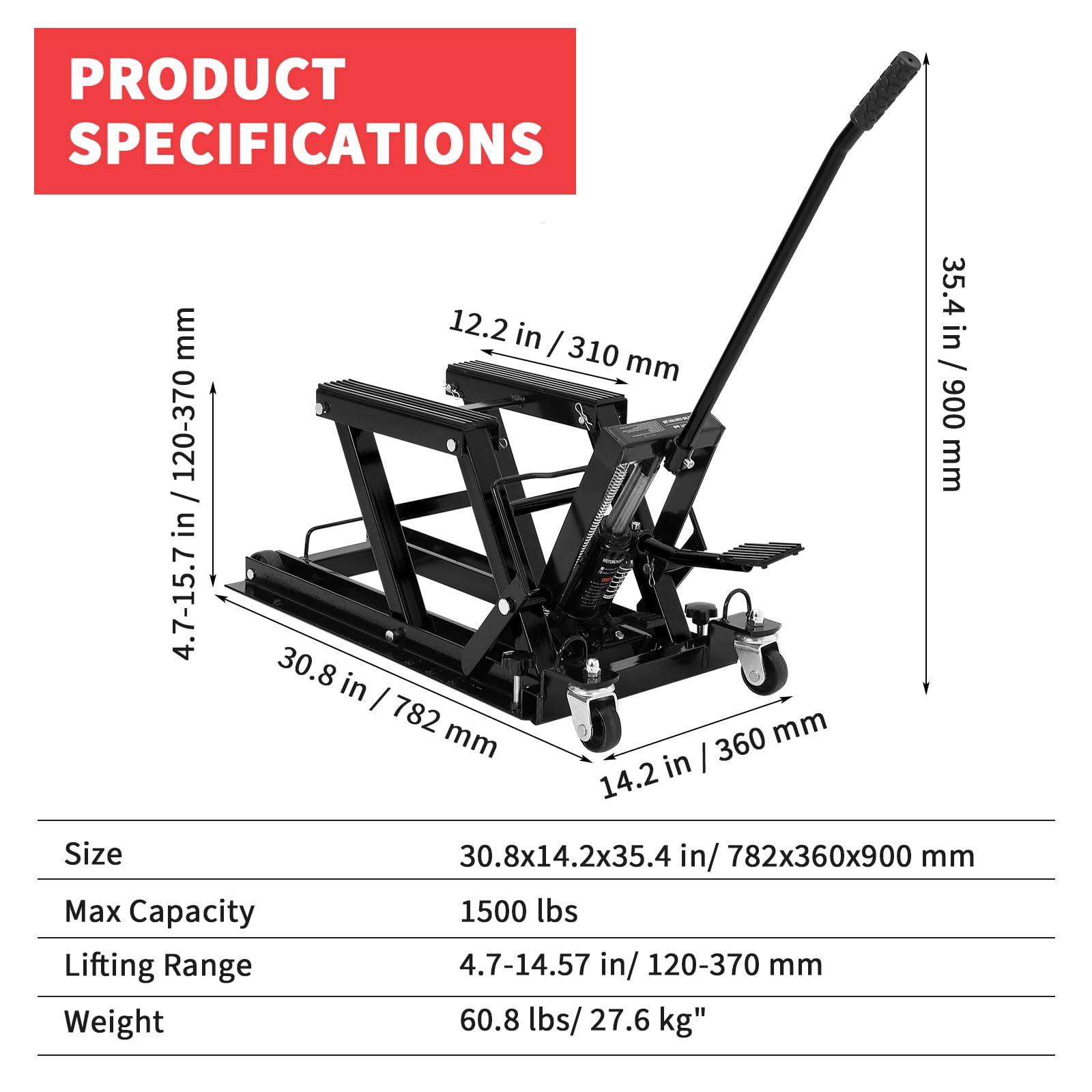 Pont élévateur hydraulique Garvee pour motos, capacité de levage de 680 kg (1500 lb), hauteur réglable de 12 à 37 cm (4,7 à 14,57 po), acier noir, pour ateliers de VTT, UTV et motos tout-terrain