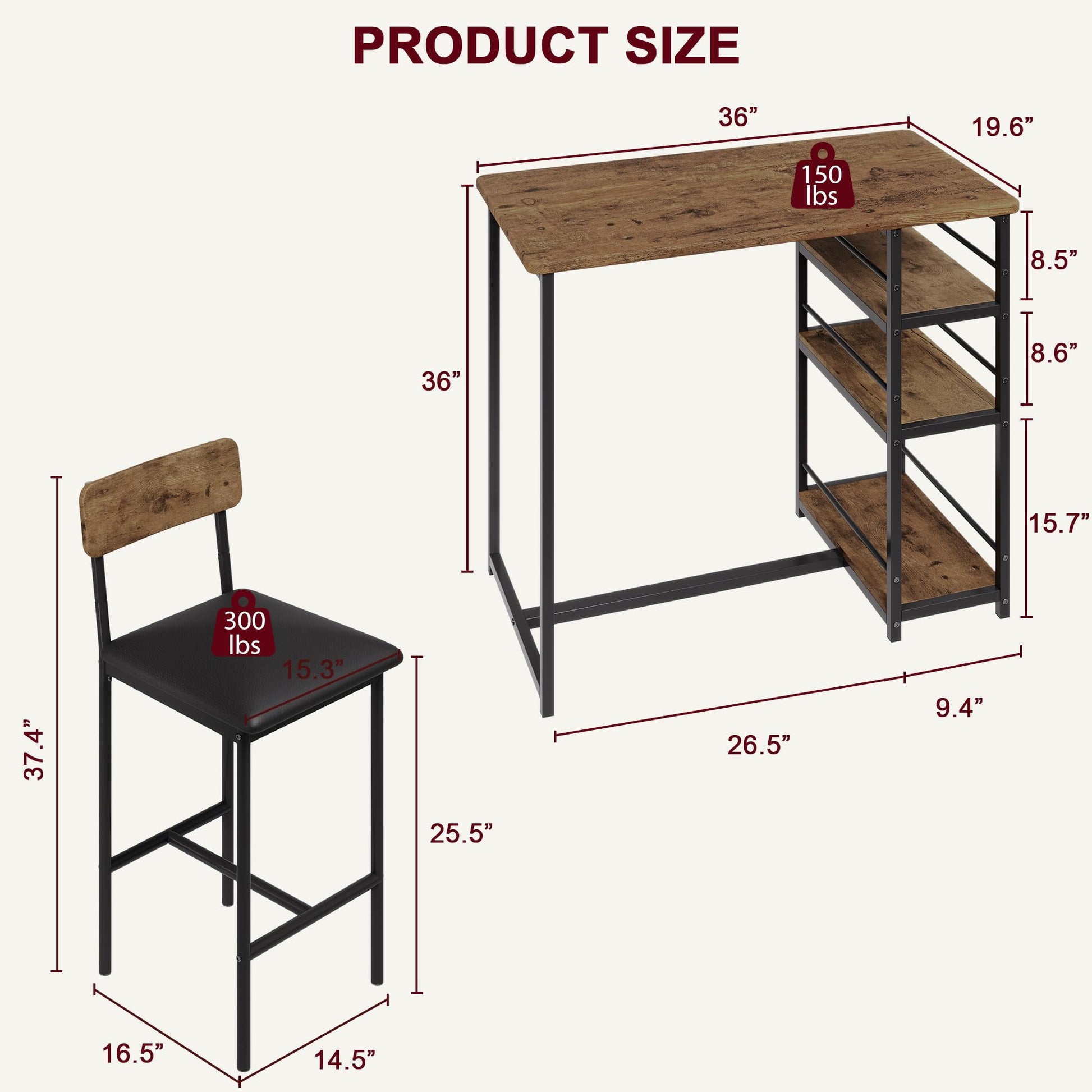 Garvee Table de bar avec 2 tabourets rembourrés, ensemble 3 pièces. Pour cuisine, petits espaces, style vintage.