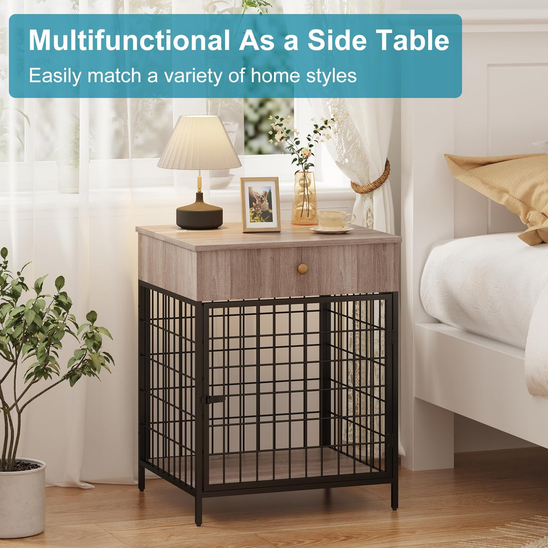 Garvee Meuble pour cage de rangement pour chien structure en acier, résistant aux jouets à mâcher, avec tiroir, pour petits chiens, table d'appoint d'intérieur, 50 cm (L) x 58 cm (l) x 68 cm (H)