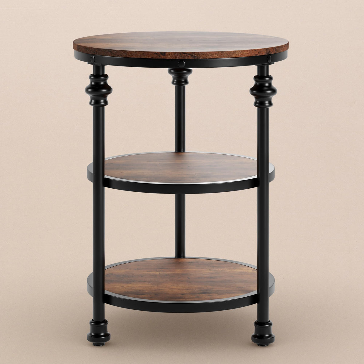 Garvee table d'appoint ronde à 3 étagères, pieds de support en métal, MDF rustique pour le salon et la chambre, 60 cm h × 46 cm l × 46 cm l, brune rustique