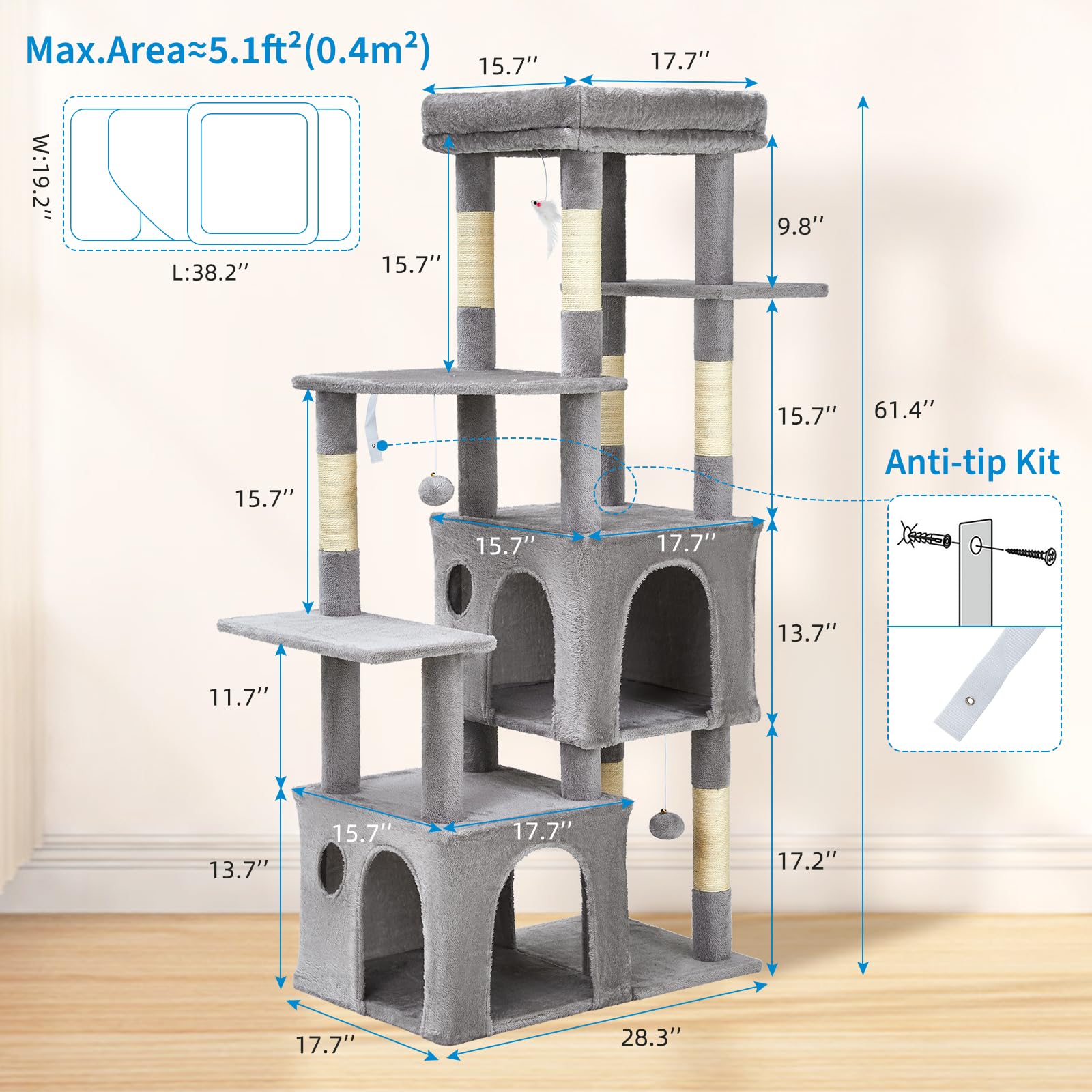 Garvee Arbre à Chat 155 cm Multi-Niveaux pour Grands Chats, Tour Résistante avec Grande Plateforme, Gris Clair