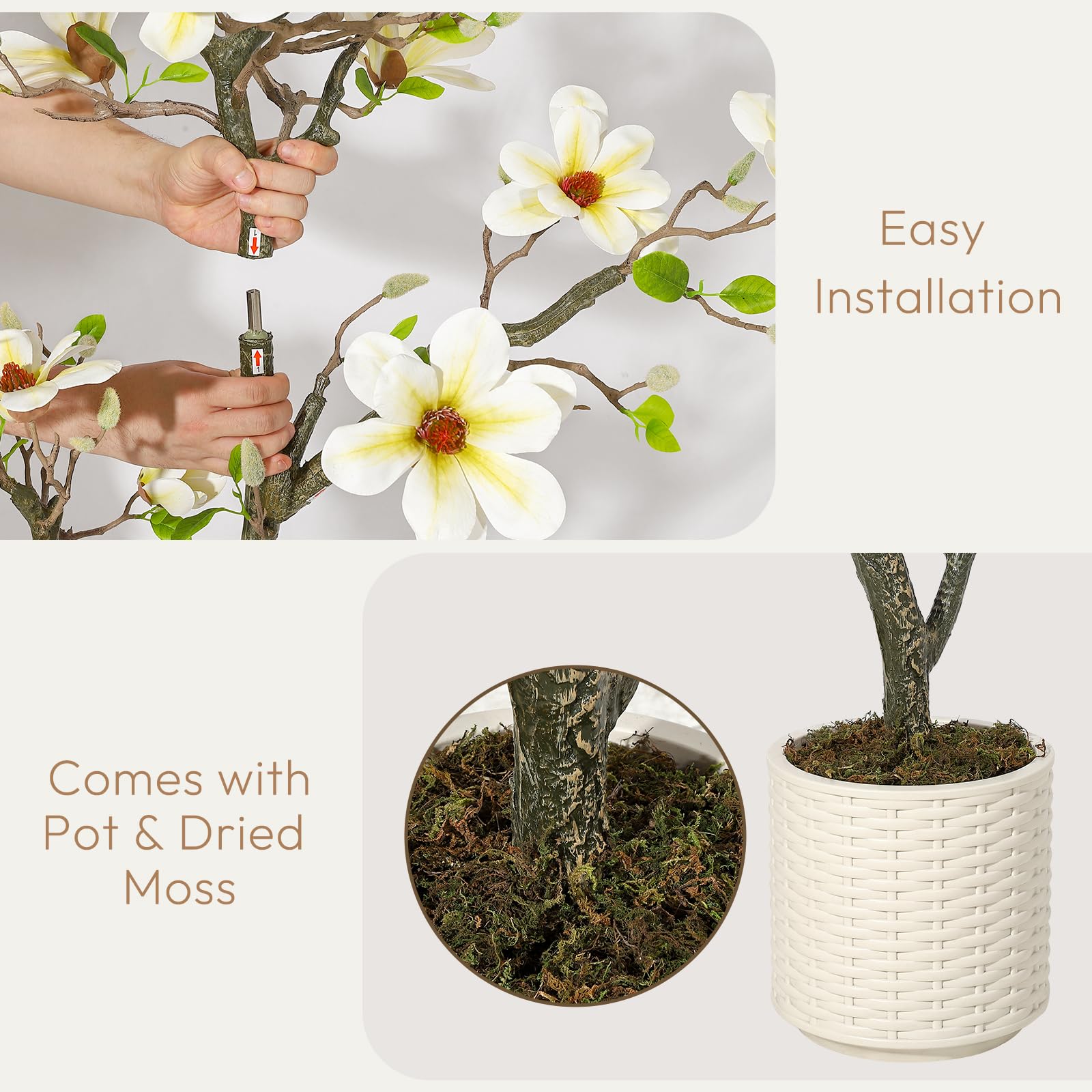 Garvee Plante artificielle de magnolia 150 cm en pot blanc, réaliste et durable, pour maison et bureau