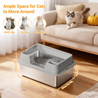 Bac à litière Garvee grand format en acier inoxydable 36 L, semi-fermé, avec tapis antidérapant et pelle à litière, idéal pour les foyers avec plusieurs chats, 60 x 40 x 27 cm, gris.
