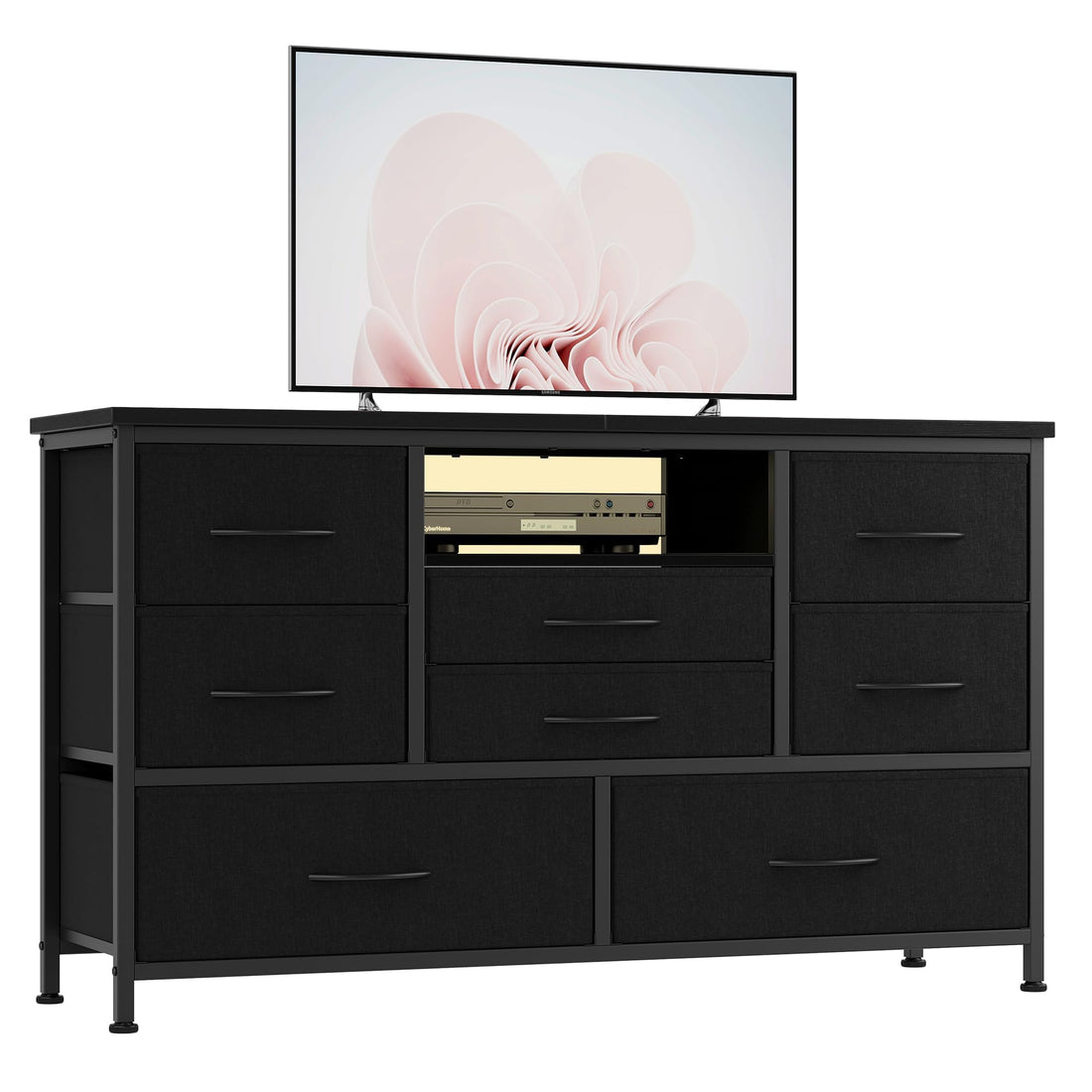 Commode Garvee à 8 tiroirs, 3 prises électriques et 2 ports USB, meuble TV avec éclairage LED pour chambre, salon ou entrée, 120 cm, noir