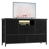 Garvee commode à 8 tiroirs, 3 prises électriques et 2 ports USB, meuble TV avec éclairage LED pour chambre, salon ou entrée, 120 cm, noir - Noir