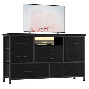 Garvee commode à 8 tiroirs, 3 prises électriques et 2 ports USB, meuble TV avec éclairage LED pour chambre, salon ou entrée, 120 cm, noir