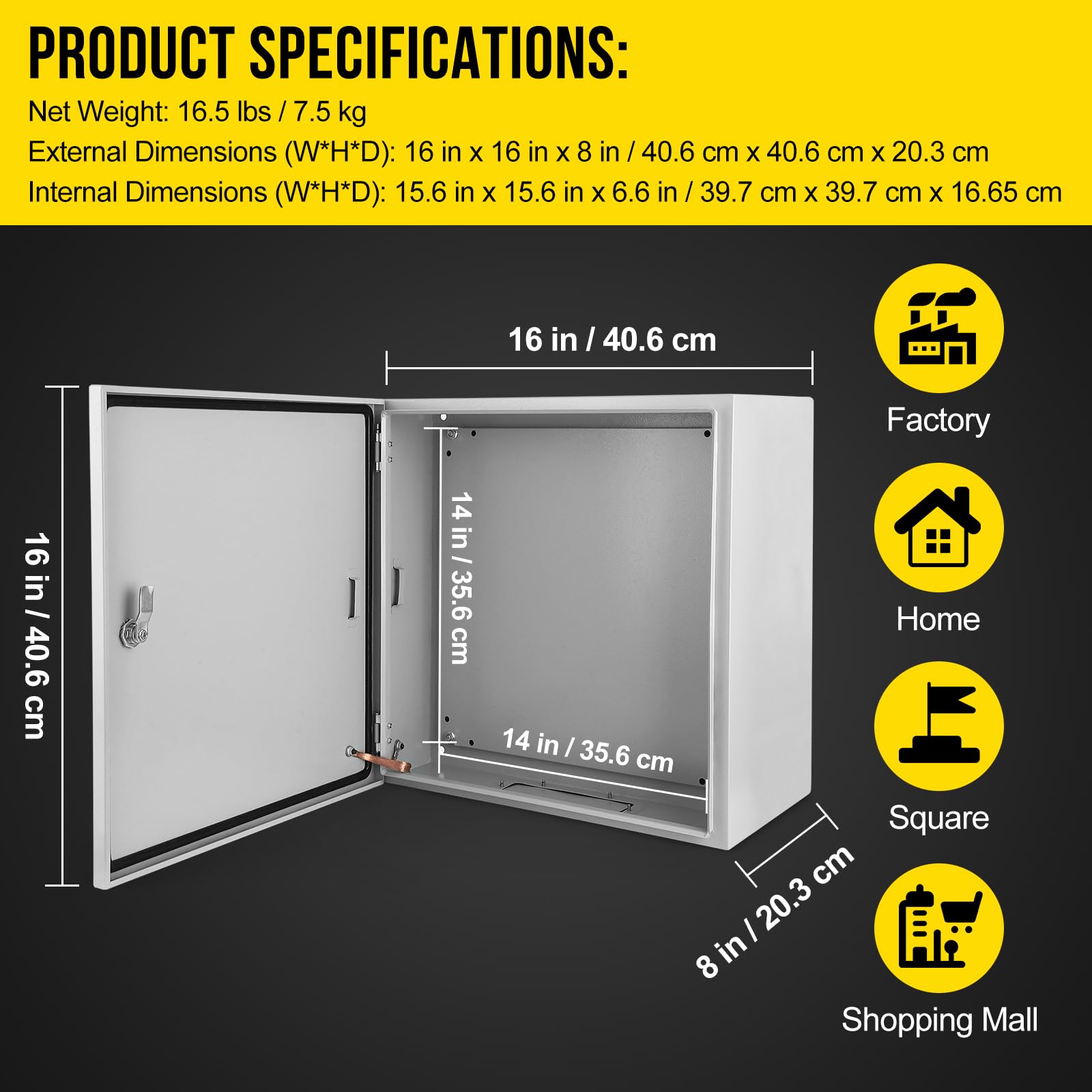 Boîte de distribution électrique extérieure Garvee 16x16x8" IP66 étanche à l'eau et à la poussière, en acier avec plaque de montage et support mural pour l'industrie et la construction, robuste, sûre et polyvalente