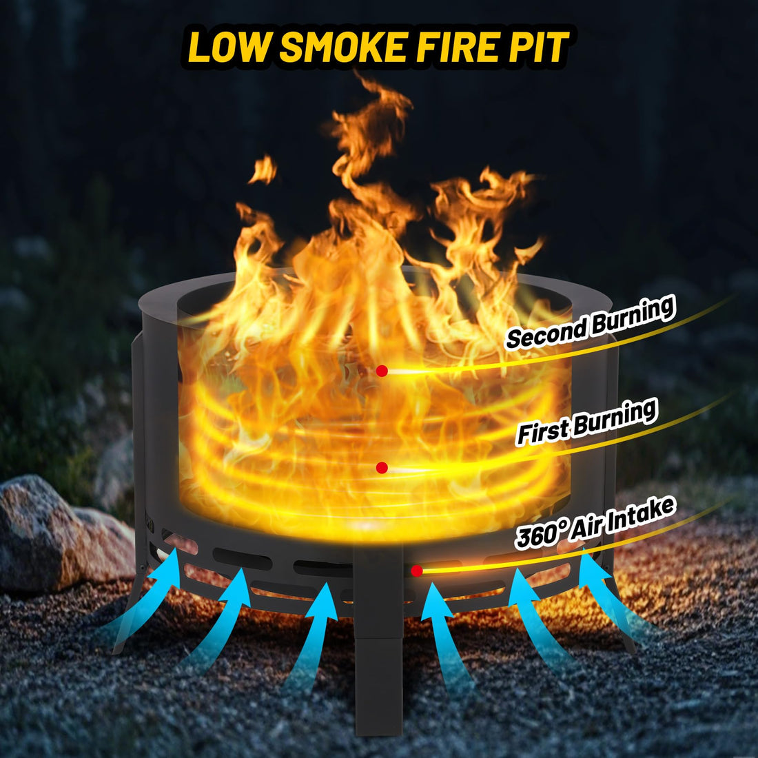 Garvee Brasero extérieur à fumée réduite 66cm, avec bac à cendres, pieds réglables et tisonnier, acier carbone noir pour barbecue et camping