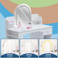Coiffeuse Garvee pour enfants avec miroir lumineux, table de toilette et tabouret 2 en 1, MDF, lumière LED, espace de rangement pour filles de 3 à 9 ans, chambre et salle de jeux, blanc