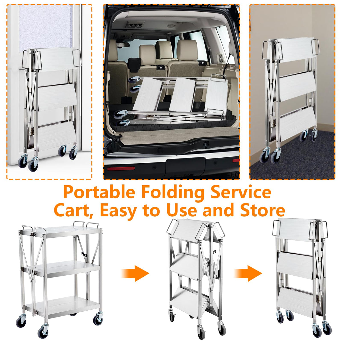 Garvee Chariot de service pliable en acier inoxydable - portable, 3 étagères, avec frein, capacité de charge de 200 kg, argent