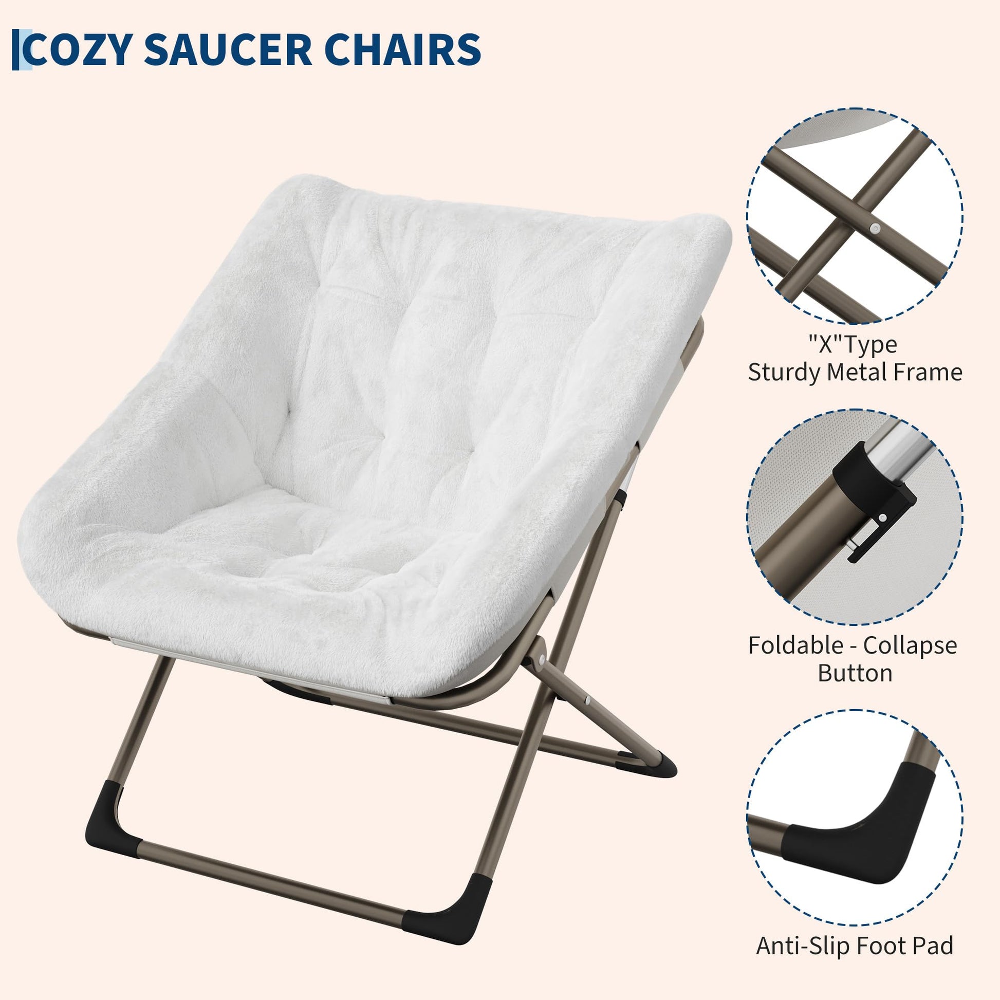 Garvee Fauteuil saucer pliable adulte avec coussin en fausse fourrure, dossier haut, structure en acier, compact et confortable pour appartement et chambre universitaire