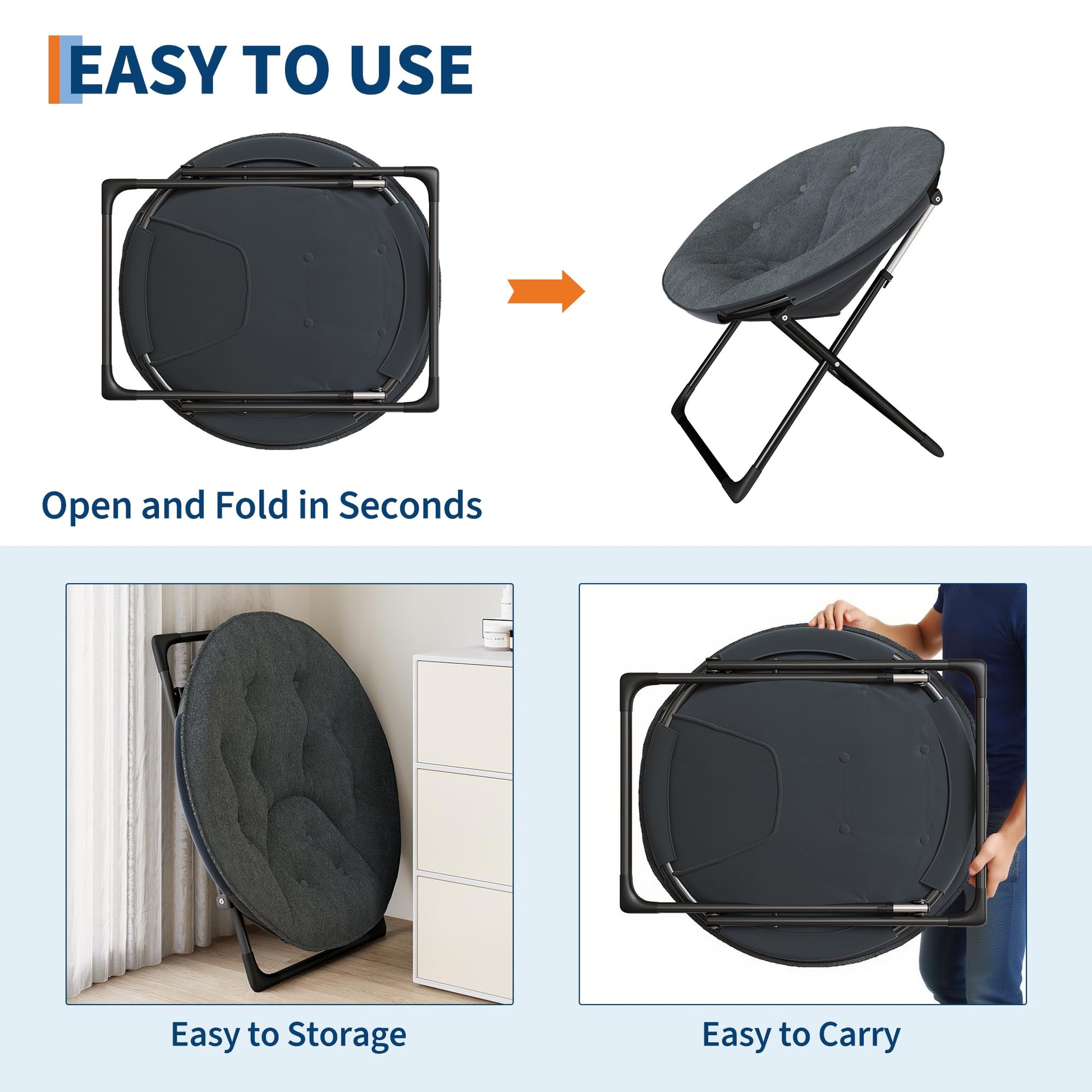 Fauteuil soucoupe pliable Garvee en fausse fourrure avec structure en métal, gris, confortable et portable, idéal pour la chambre et le jardin.
