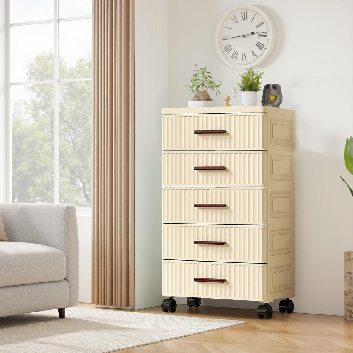 Garvee Meuble de rangement multifonctionnel à 5 tiroirs, roulettes, plastique, couleur crème, 48cm, pour chambre et salon