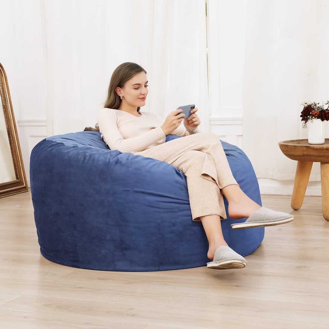 Pouf géant rond Garvee 120 cm avec rembourrage, velours doux, grand canapé pour adultes et adolescents, bleu marine, housse amovible, salon et chambre