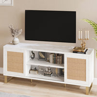 Garvee Meuble TV en rotin blanc moderne 168 cm avec rangement, portes en rotin, pieds dorés pour salon et chambre